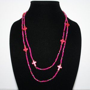 Beautiful pink and gold beaded cross necklace 48"